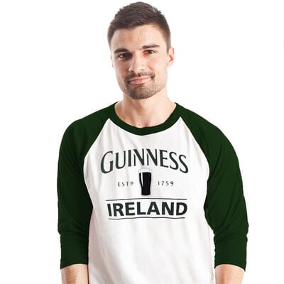 Guinness Long Sleeve T-Shirt With Pint and Guinness Ireland  White w/Green Sleeves